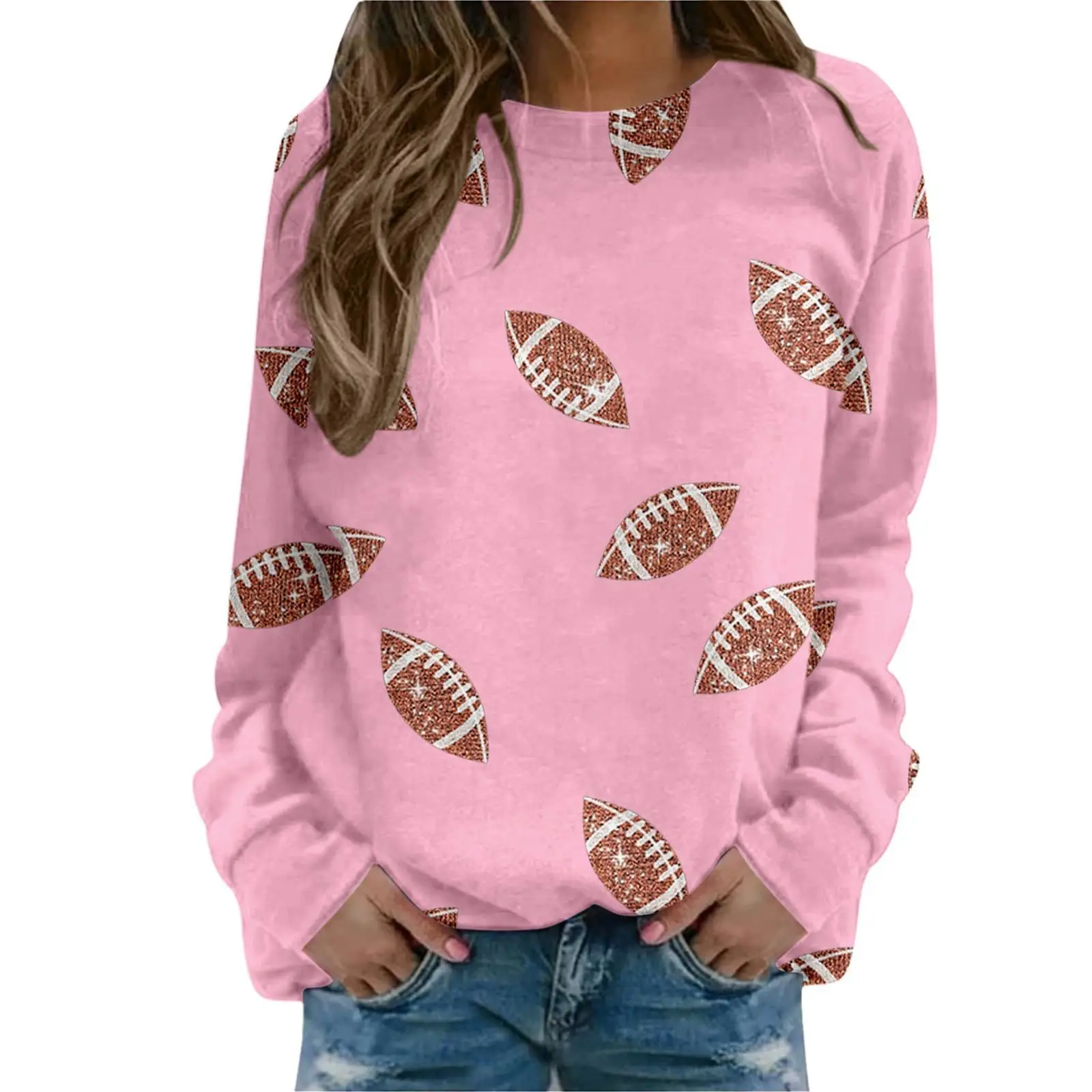 Brown Football Print Sweatshirt for Women - Image 5