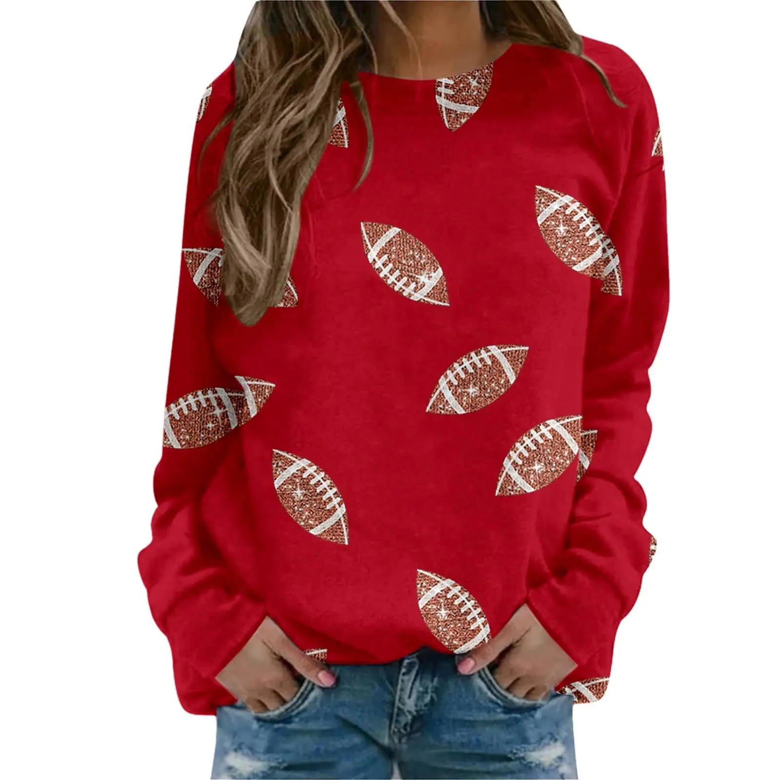 Brown Football Print Sweatshirt for Women - Image 7