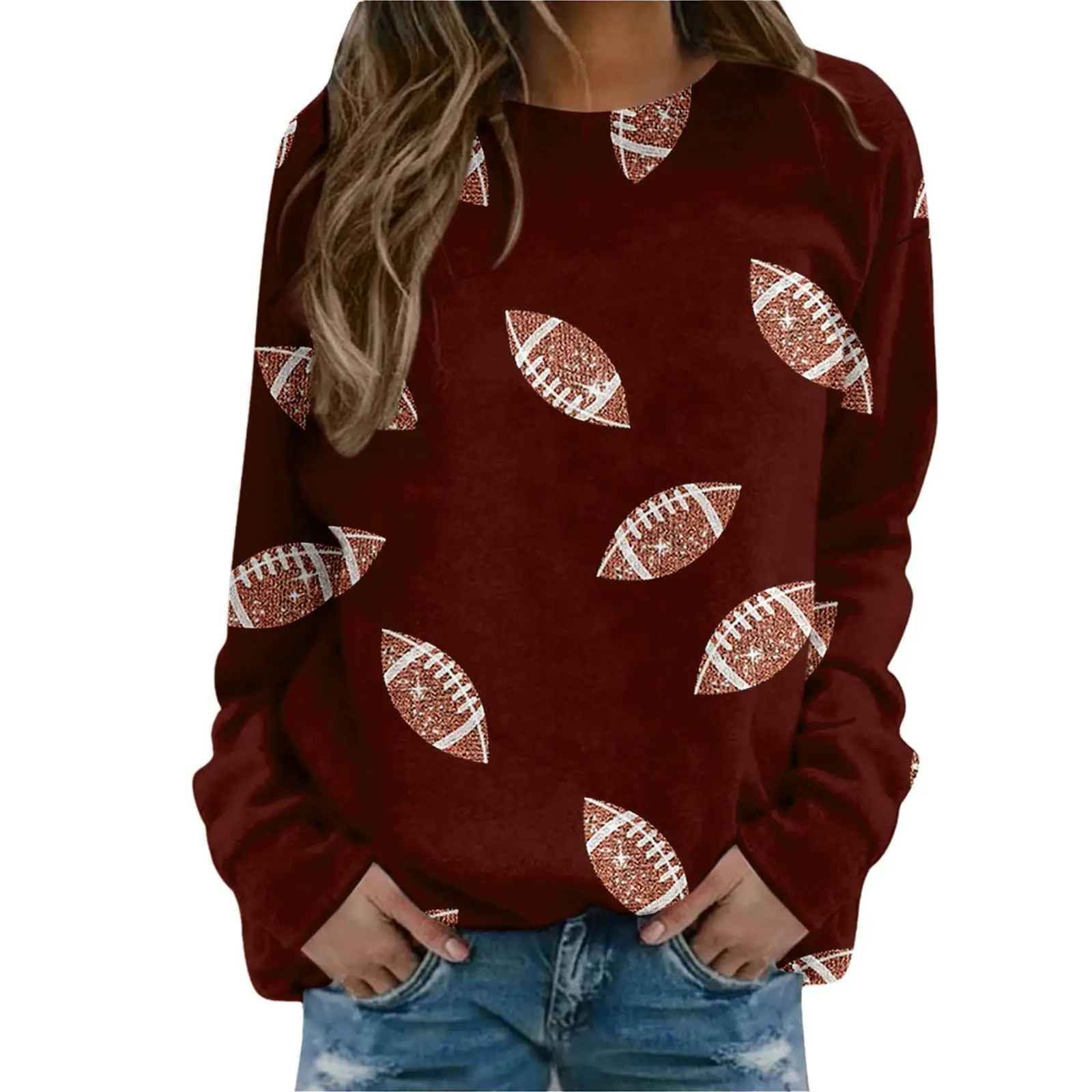 Brown Football Print Sweatshirt for Women - Image 8