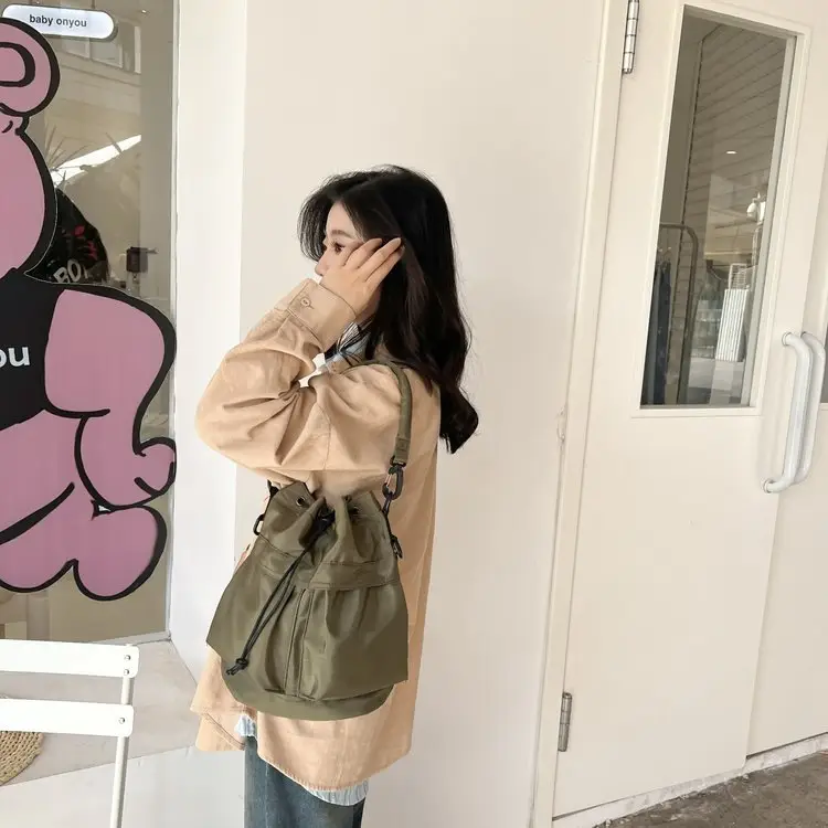 Korean Style Drawstring Shoulder Bag Olive Green Large Capacity - Image 12