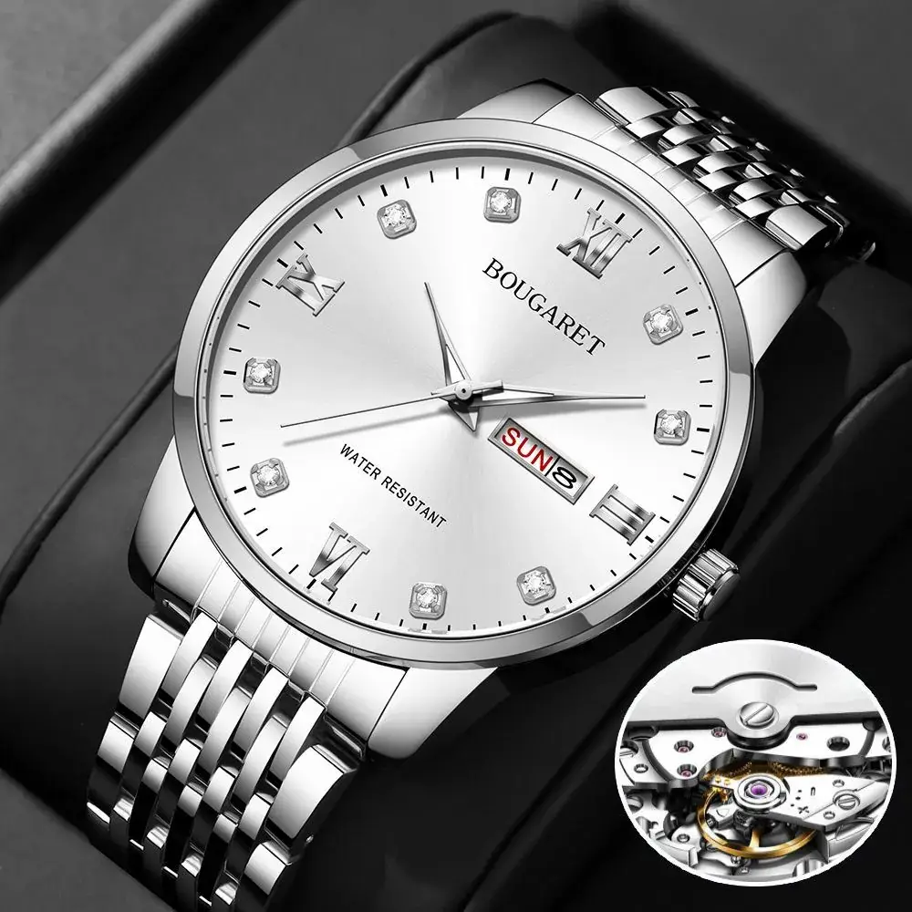Men's Gold Stainless Steel Luxury Watch with Diamond Dial