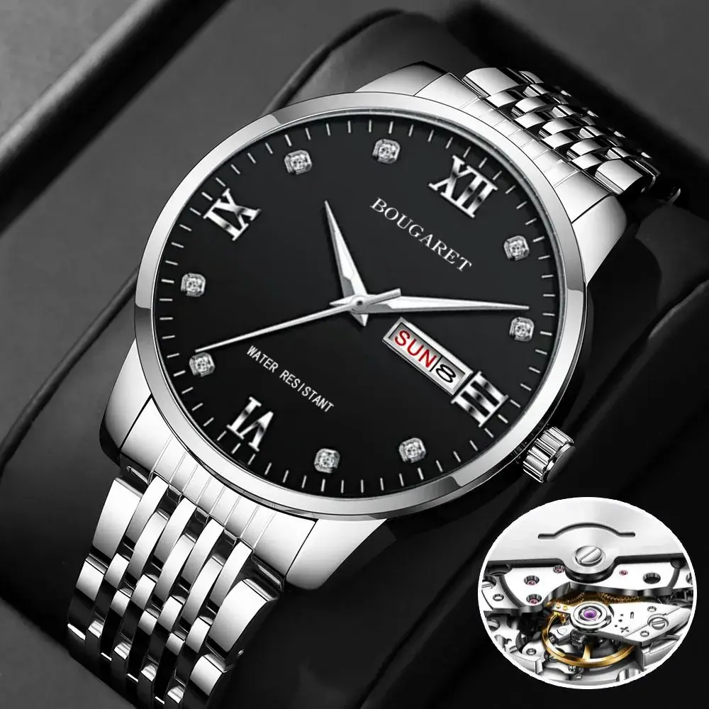 Men's Gold Stainless Steel Luxury Watch with Diamond Dial
