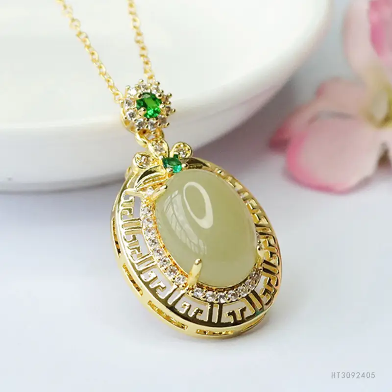 Guan Yu Jade Pendant Necklace Green Emerald Gold Plated - Image 3