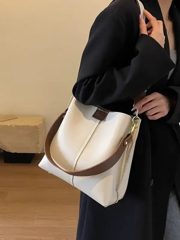 Women's Large Capacity Shoulder Bag Cream Brown Gold - Image 2