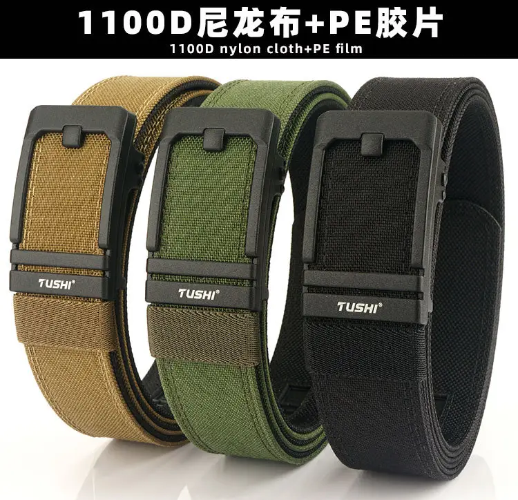 Tactical Automatic Buckle Belt for Men, Tan & Black Nylon, 3.8" Thick — feature 2