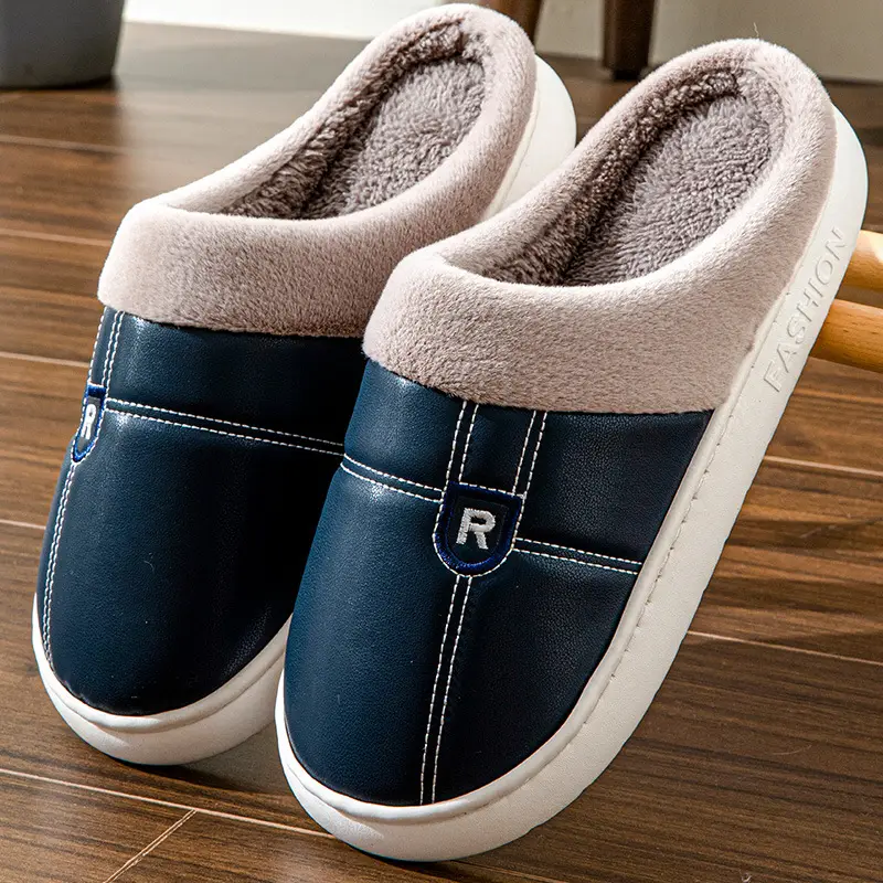 New Arrival Warm PU Leather Slippers for Men Women Winter Indoor - Image 3