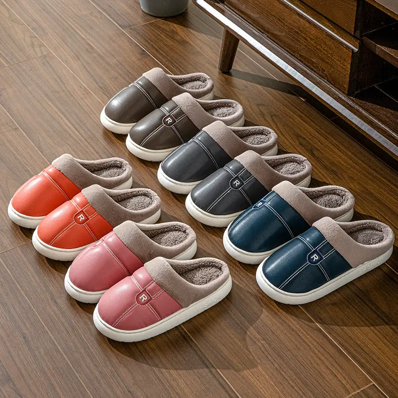 New Arrival Warm PU Leather Slippers for Men Women Winter Indoor - Image 4