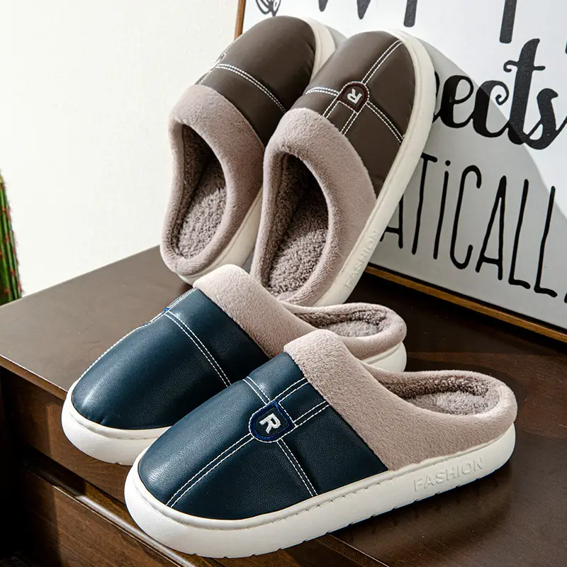 New Arrival Warm PU Leather Slippers for Men Women Winter Indoor - Image 5