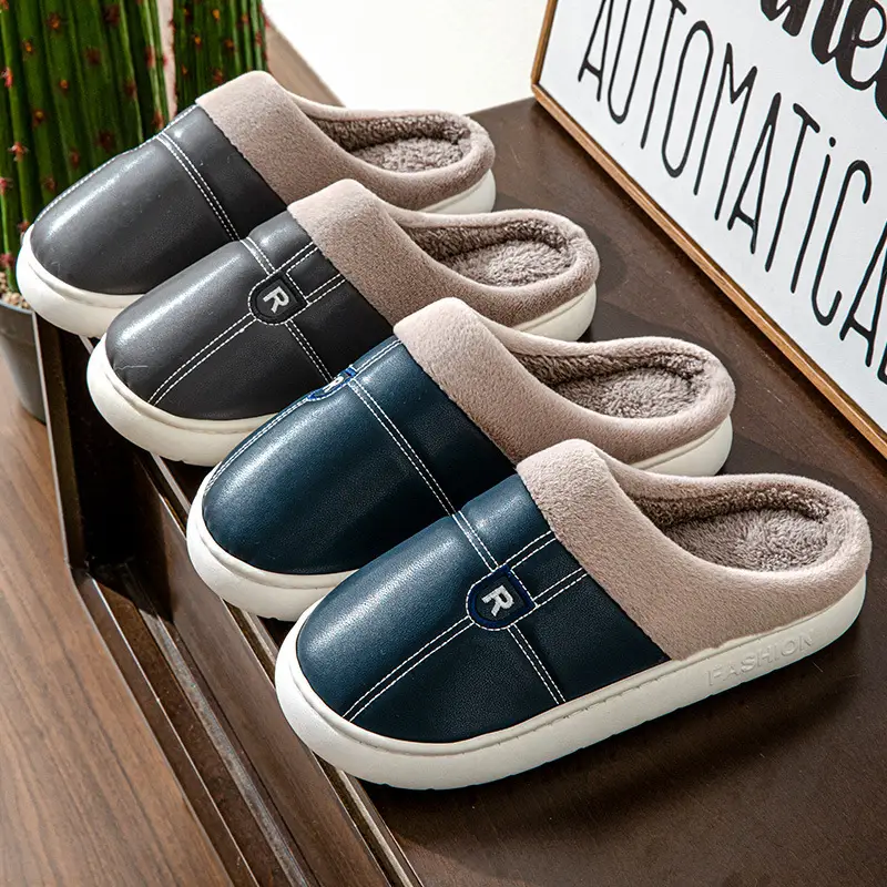 New Arrival Warm PU Leather Slippers for Men Women Winter Indoor - Image 6