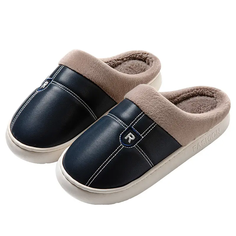 New Arrival Warm PU Leather Slippers for Men Women Winter Indoor - Image 7