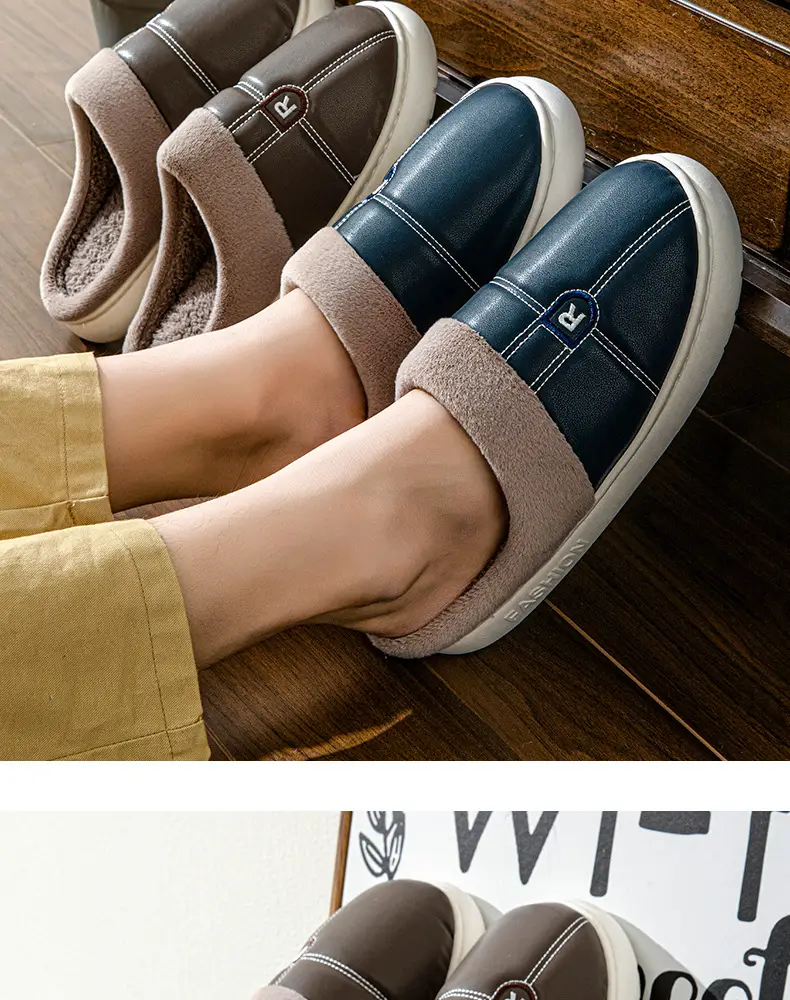 New Arrival Warm PU Leather Slippers for Men Women Winter Indoor â feature 17