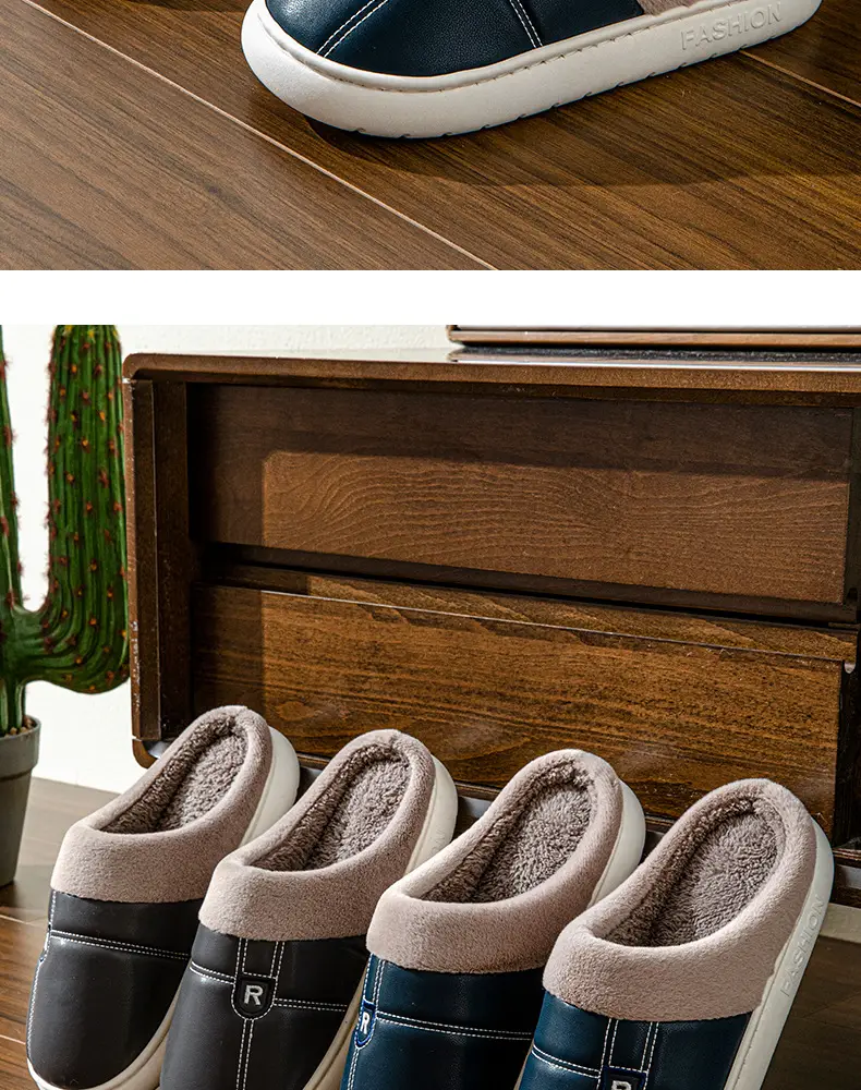 New Arrival Warm PU Leather Slippers for Men Women Winter Indoor â feature 4