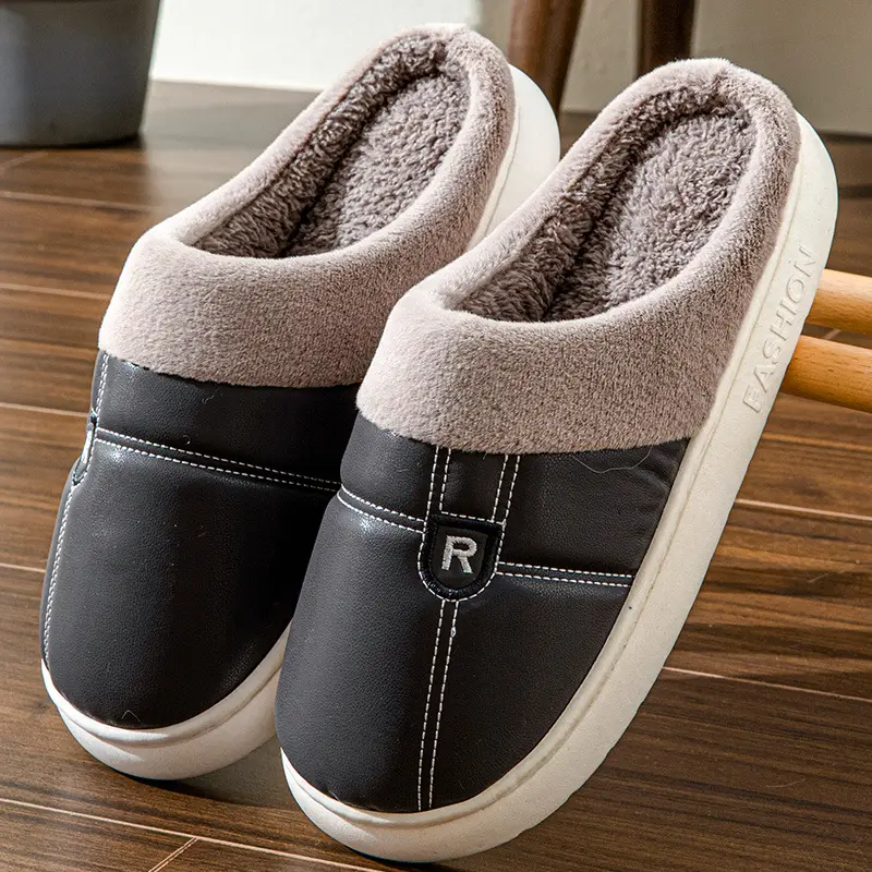 New Arrival Warm PU Leather Slippers for Men Women Winter Indoor - Image 2