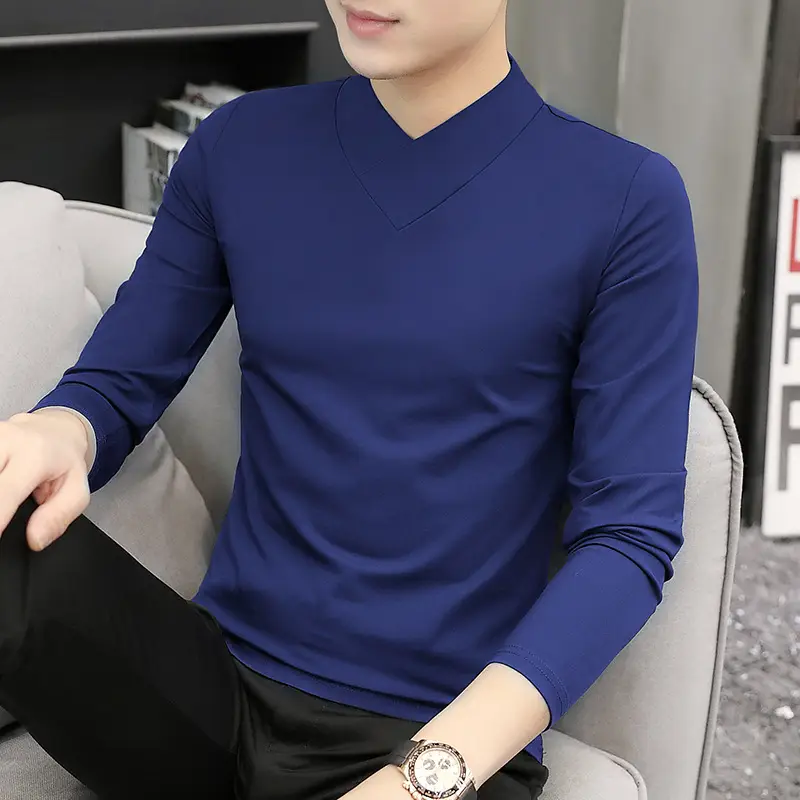 Men's Blue Fleece V-Neck T-Shirt Unstitched - Image 5