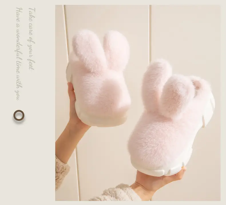 Nanbowan Big Ear Rabbit cotton slippers women's winter thick bottom non-slip indoor home cute furry slippers closed toe warm — feature 11