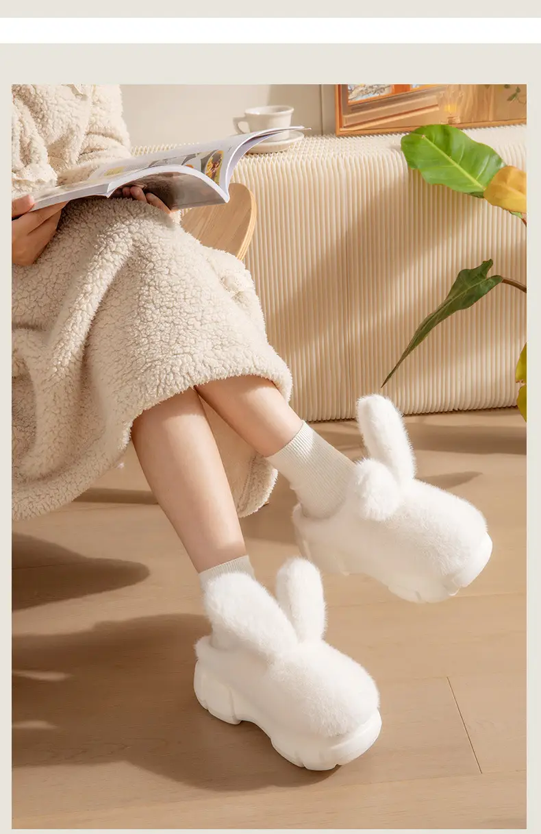 Nanbowan Big Ear Rabbit cotton slippers women's winter thick bottom non-slip indoor home cute furry slippers closed toe warm — feature 9