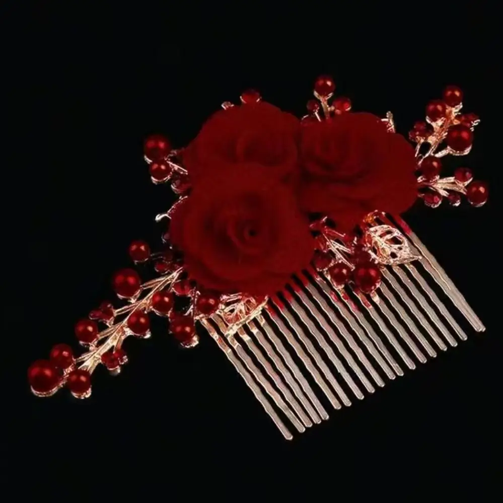 Red Rose Hair Comb for Weddings & Festivals - Image 2