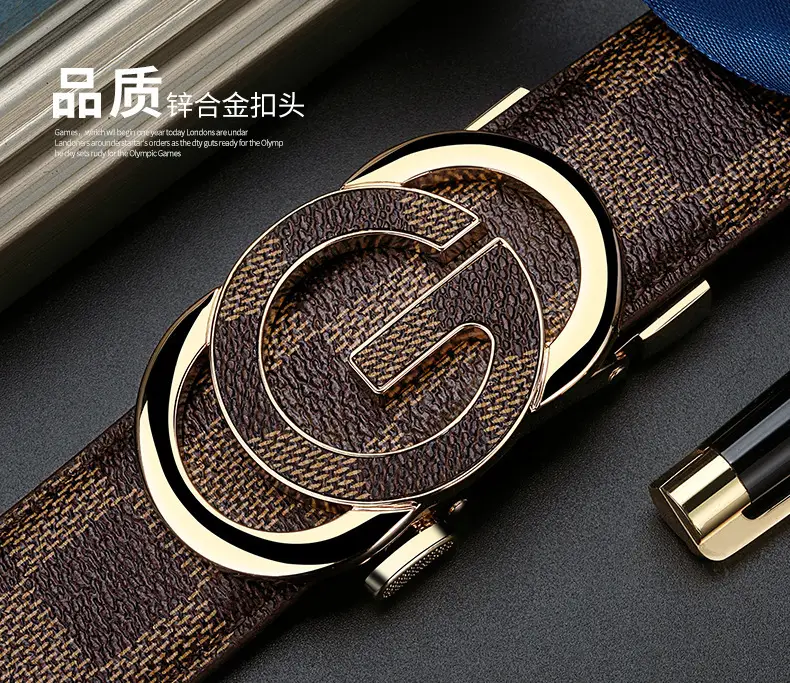 Men's Gold Plated G Logo Belt Brown PU Leather — feature 1
