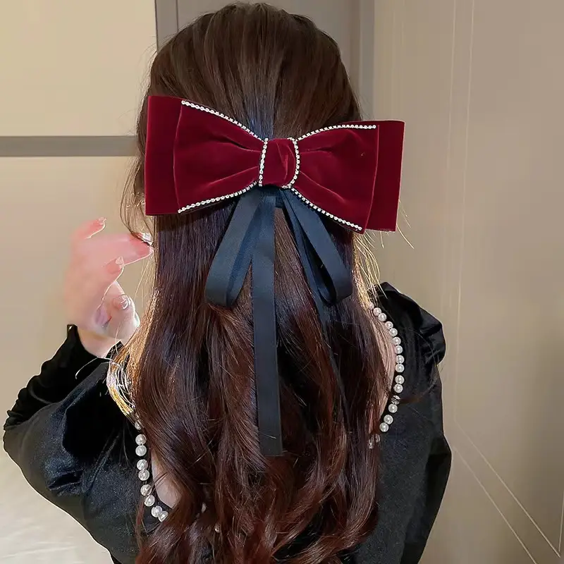 Velvet Large Bow Pearl Hairpin Back Head Hairpin