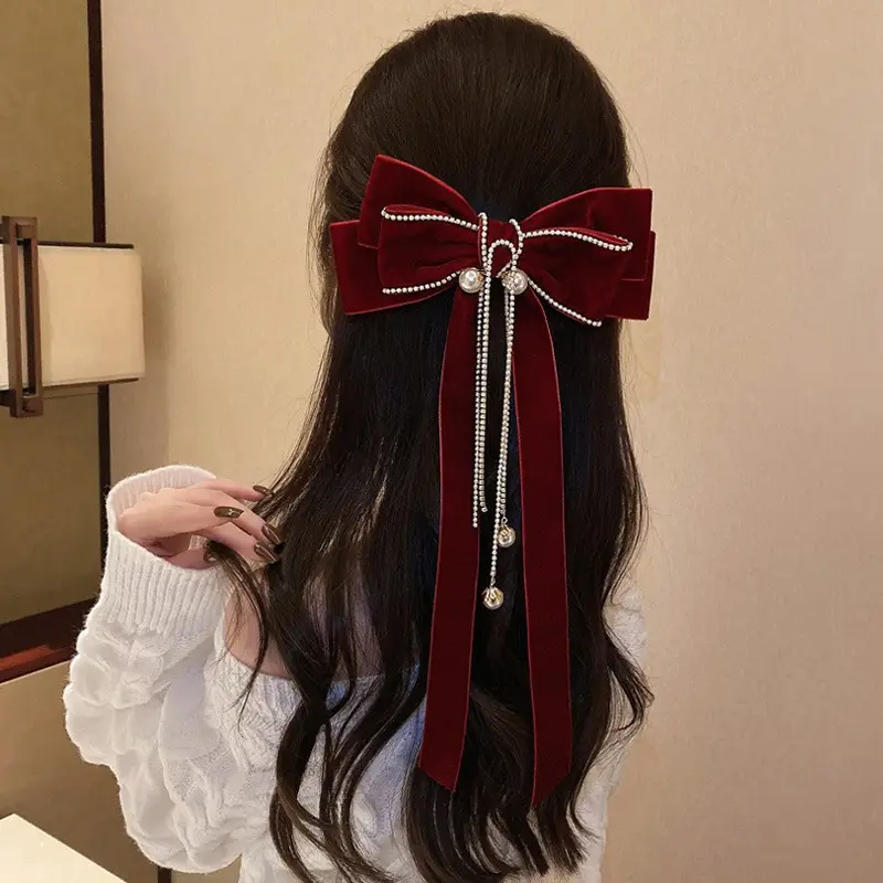 Velvet Large Bow Pearl Hairpin Back Head Hairpin — feature 2
