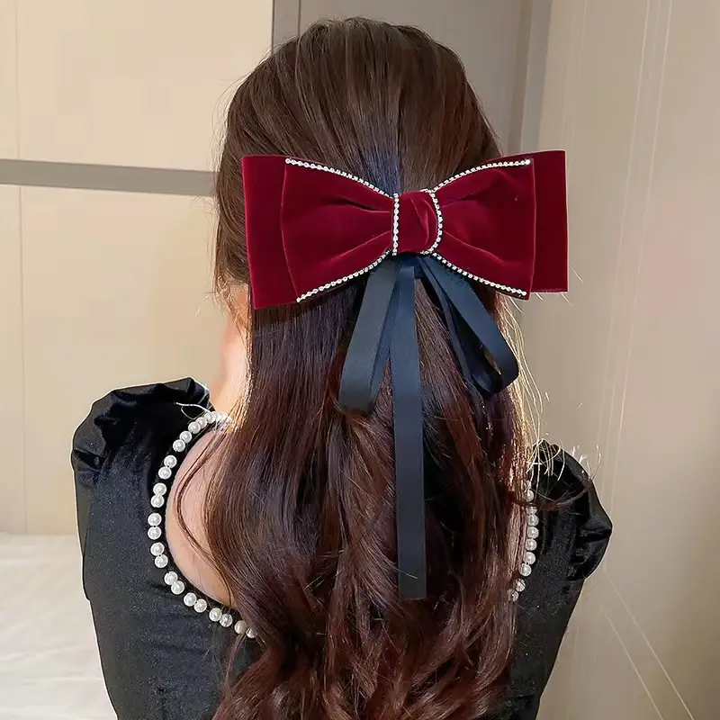 Velvet Large Bow Pearl Hairpin Back Head Hairpin — feature 5