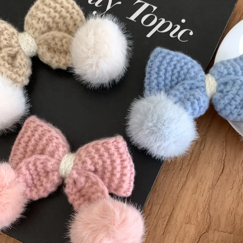Pink Wool Bow Hairpin with Pom Pom and Clip