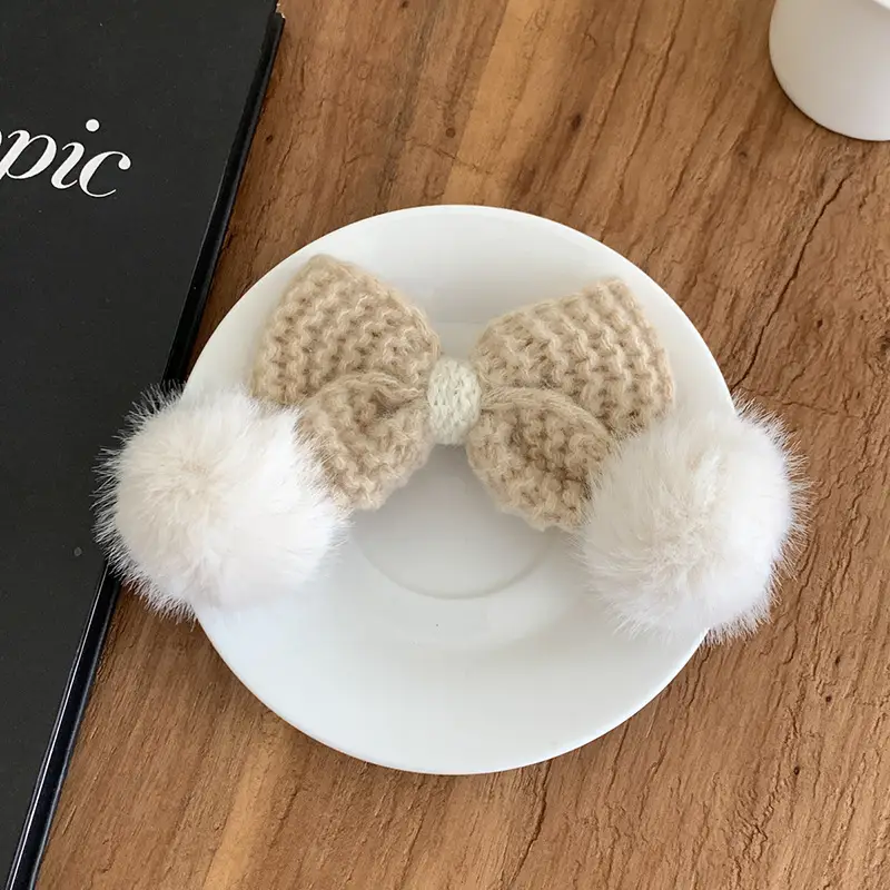 Pink Wool Bow Hairpin with Pom Pom and Clip