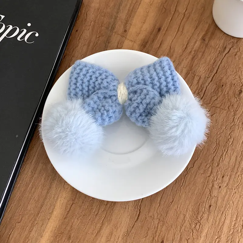 Pink Wool Bow Hairpin with Pom Pom and Clip