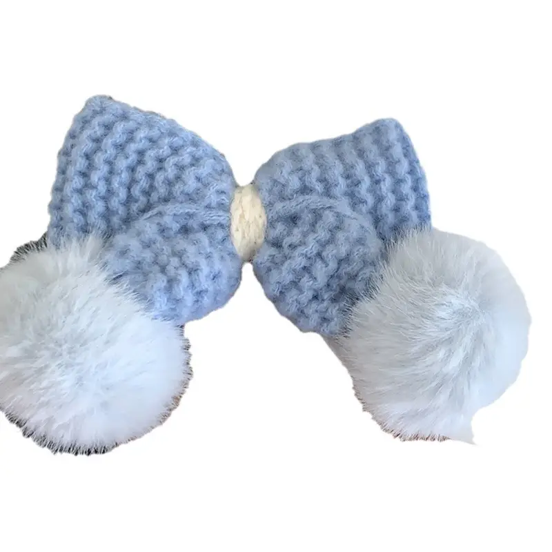 Pink Wool Bow Hairpin with Pom Pom and Clip