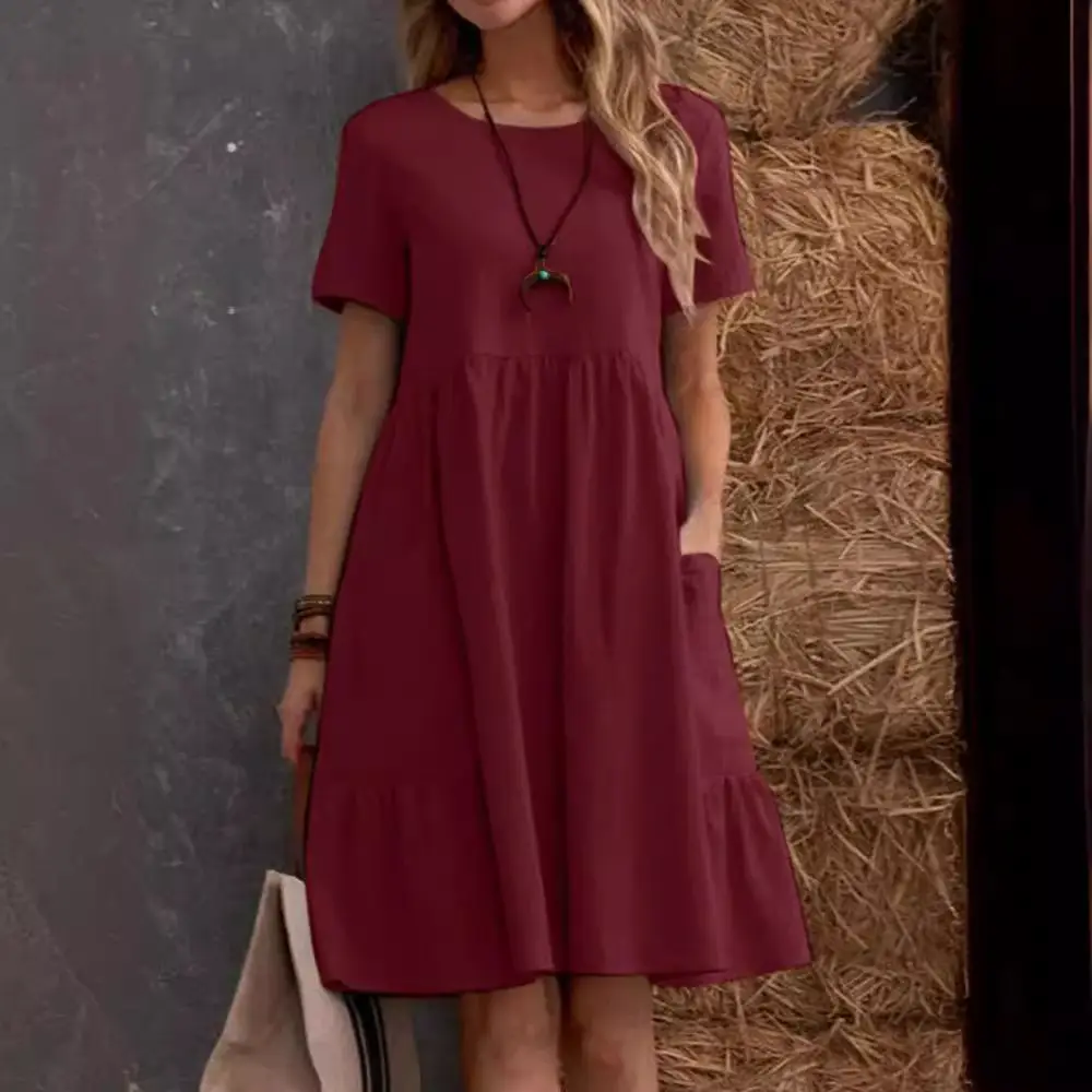 2026 Summer European and American Cross-Border Temu Independent Site Vintage Loose Pocket Solid Color Round Neck Women's Cotton and Linen Dress