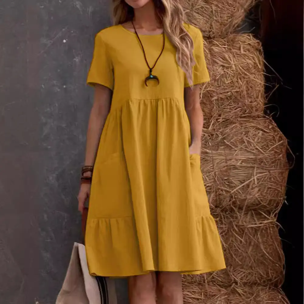 2026 Summer European and American Cross-Border Temu Independent Site Vintage Loose Pocket Solid Color Round Neck Women's Cotton and Linen Dress