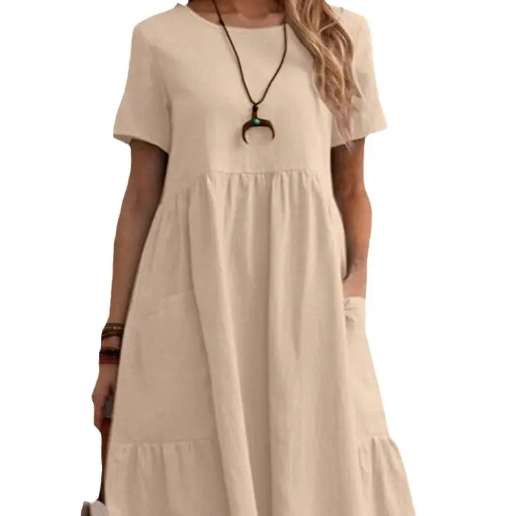 2026 Summer European and American Cross-Border Temu Independent Site Vintage Loose Pocket Solid Color Round Neck Women's Cotton and Linen Dress