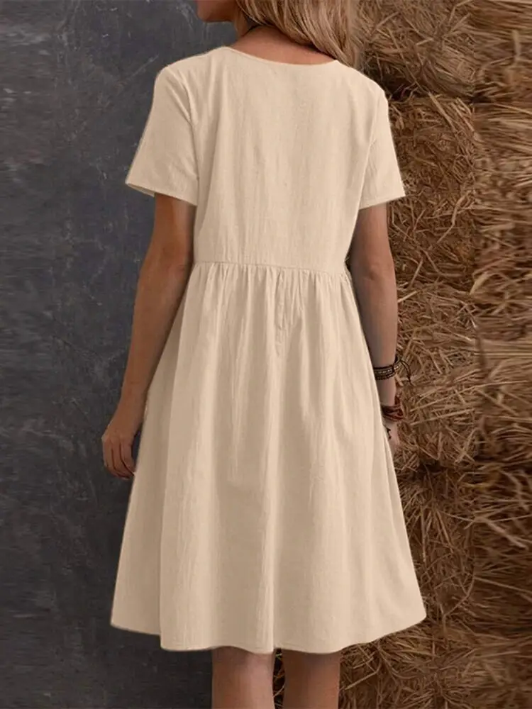 2026 Summer European and American Cross-Border Temu Independent Site Vintage Loose Pocket Solid Color Round Neck Women's Cotton and Linen Dress — feature 10
