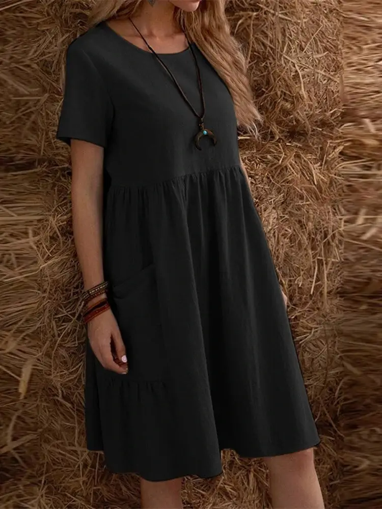 2026 Summer European and American Cross-Border Temu Independent Site Vintage Loose Pocket Solid Color Round Neck Women's Cotton and Linen Dress — feature 12