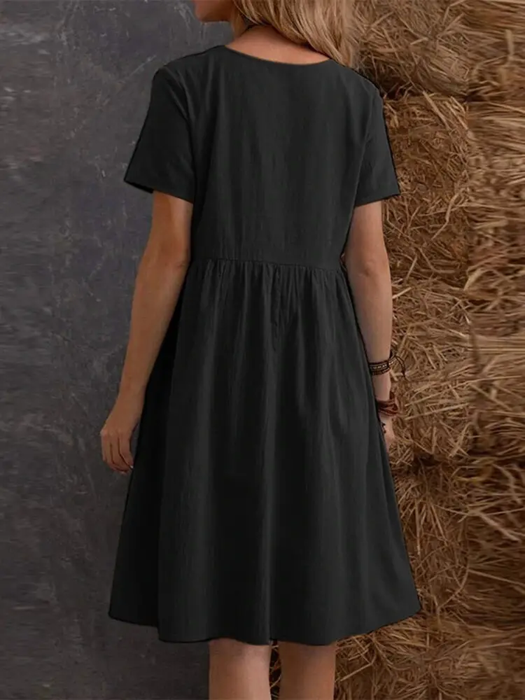 2026 Summer European and American Cross-Border Temu Independent Site Vintage Loose Pocket Solid Color Round Neck Women's Cotton and Linen Dress — feature 13