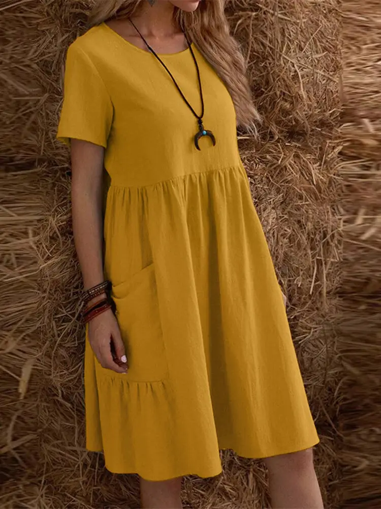 2026 Summer European and American Cross-Border Temu Independent Site Vintage Loose Pocket Solid Color Round Neck Women's Cotton and Linen Dress — feature 15