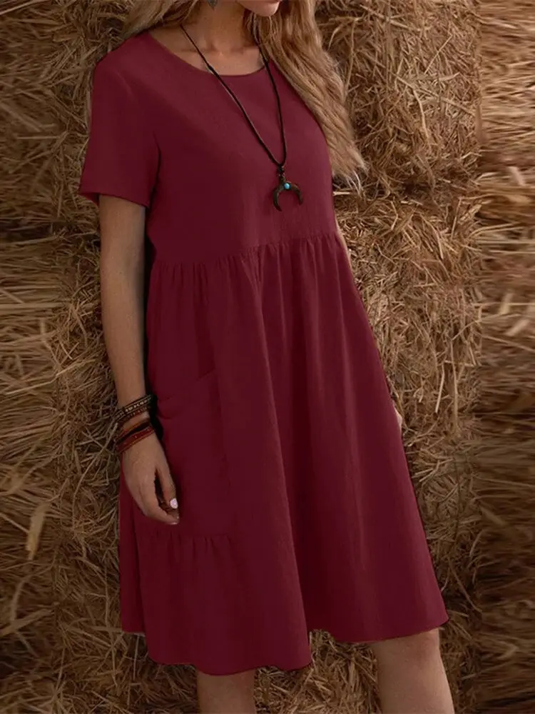 2026 Summer European and American Cross-Border Temu Independent Site Vintage Loose Pocket Solid Color Round Neck Women's Cotton and Linen Dress — feature 6