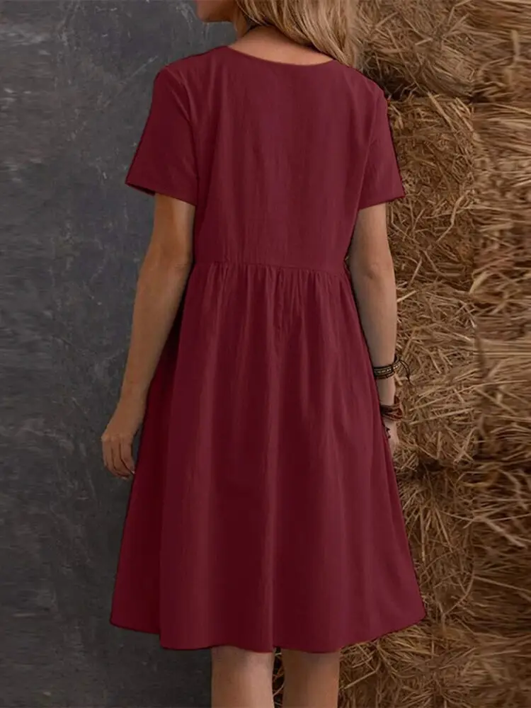 2026 Summer European and American Cross-Border Temu Independent Site Vintage Loose Pocket Solid Color Round Neck Women's Cotton and Linen Dress — feature 7