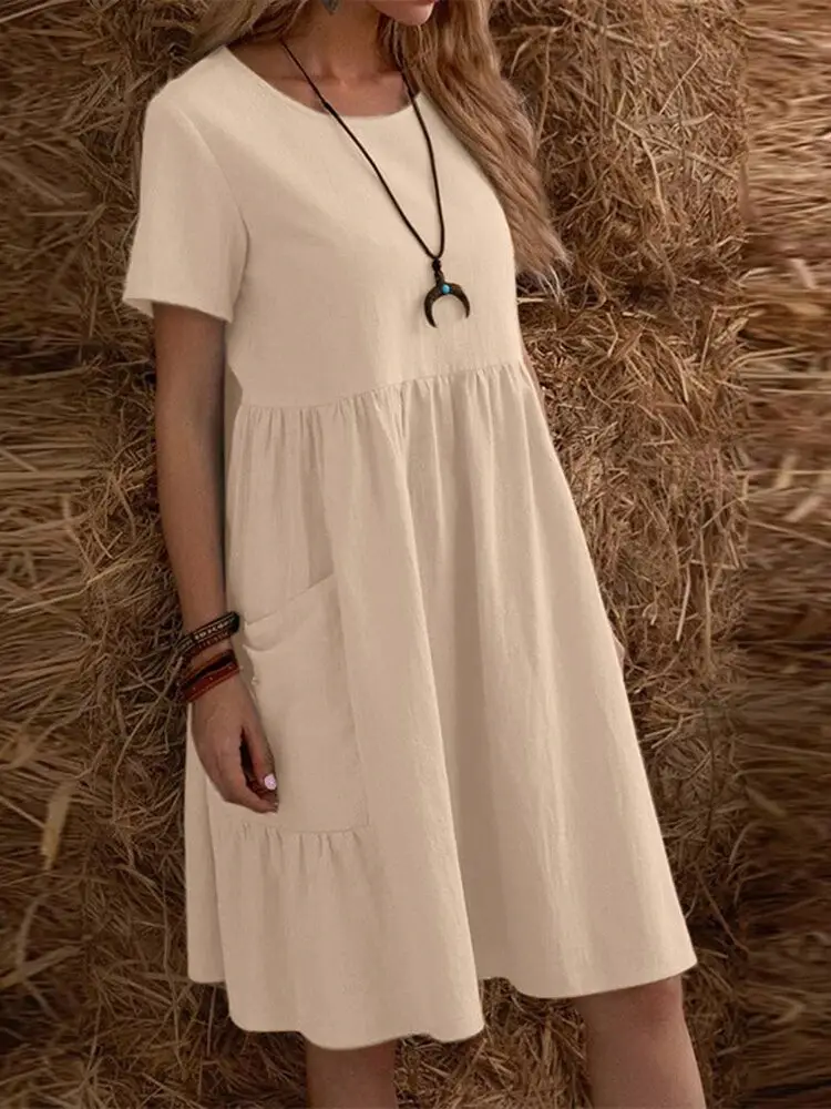 2026 Summer European and American Cross-Border Temu Independent Site Vintage Loose Pocket Solid Color Round Neck Women's Cotton and Linen Dress — feature 9
