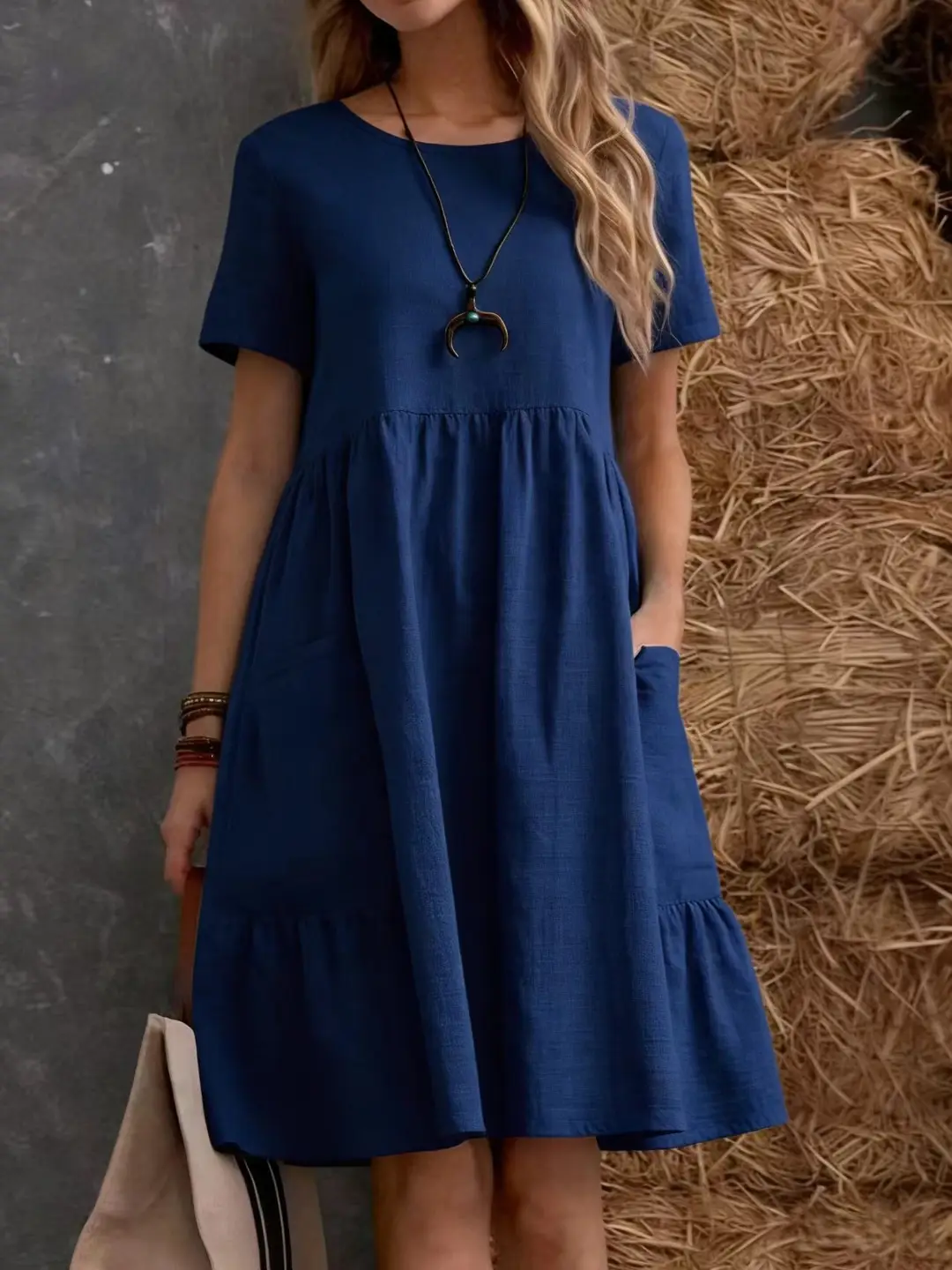 2026 Summer European and American Cross-Border Temu Independent Site Vintage Loose Pocket Solid Color Round Neck Women's Cotton and Linen Dress