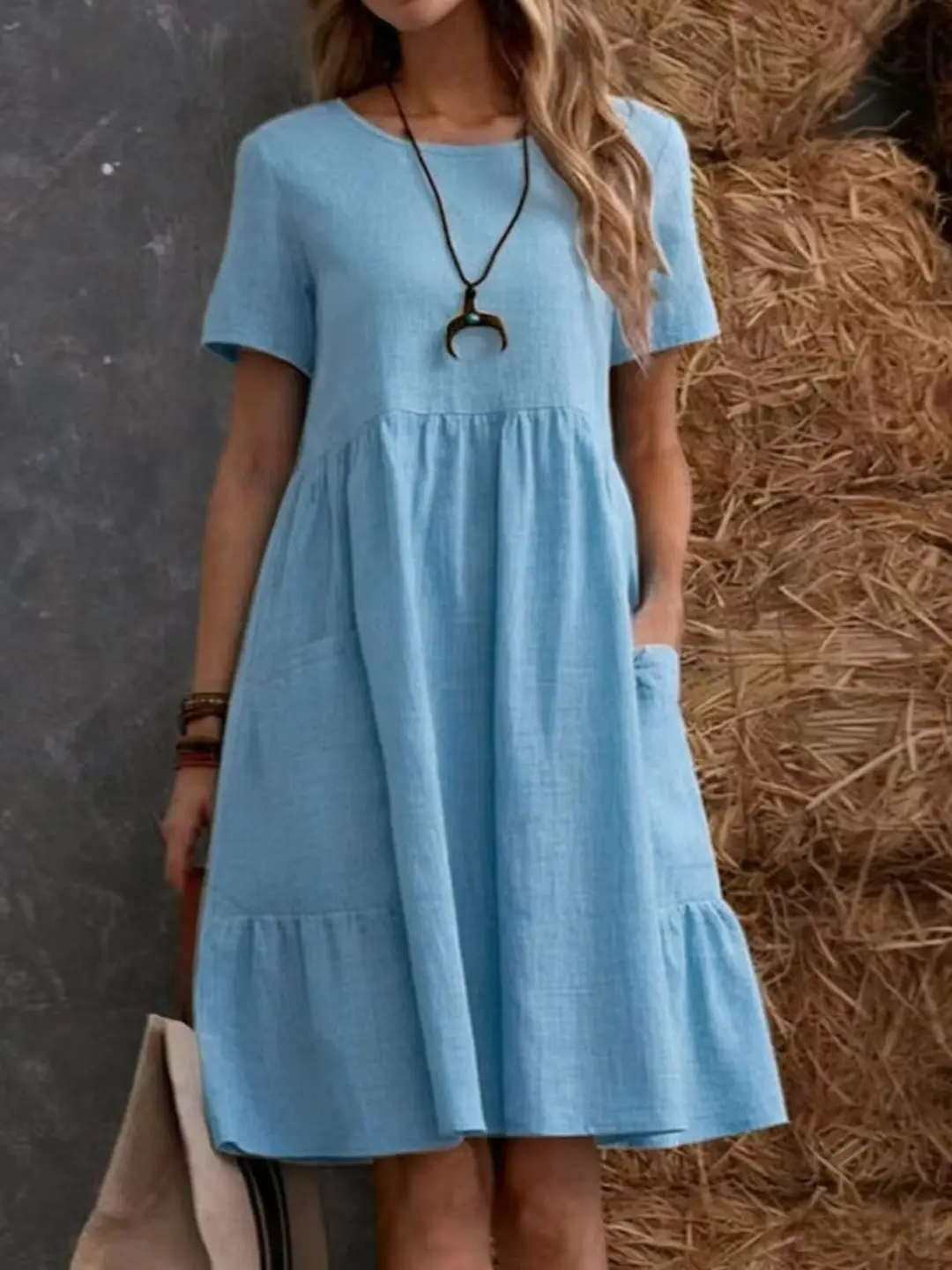 2026 Summer European and American Cross-Border Temu Independent Site Vintage Loose Pocket Solid Color Round Neck Women's Cotton and Linen Dress