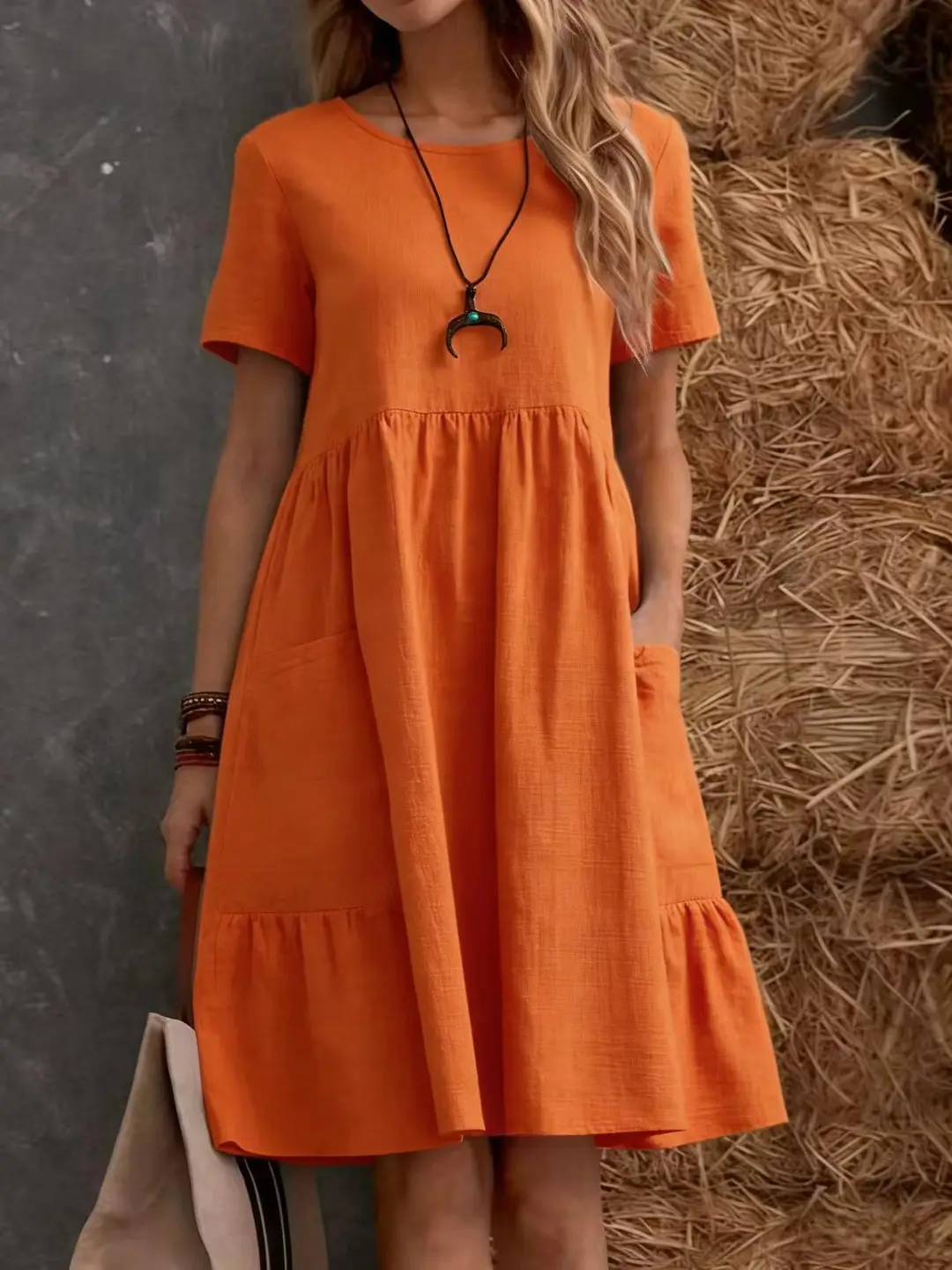 2026 Summer European and American Cross-Border Temu Independent Site Vintage Loose Pocket Solid Color Round Neck Women's Cotton and Linen Dress