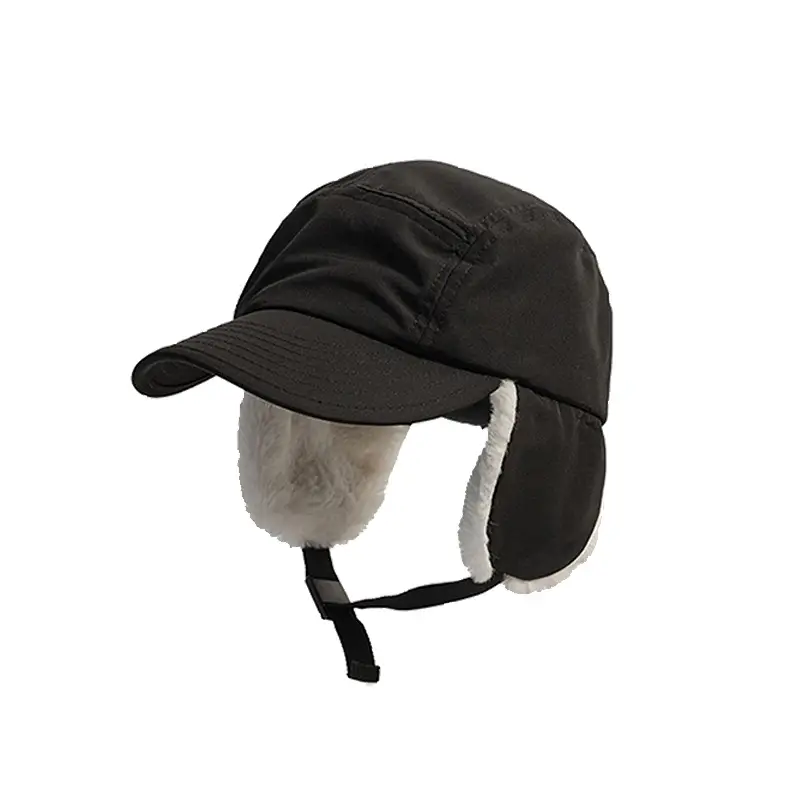 Men's Fleece Lined Ski Hat Beige Black Curved Brim