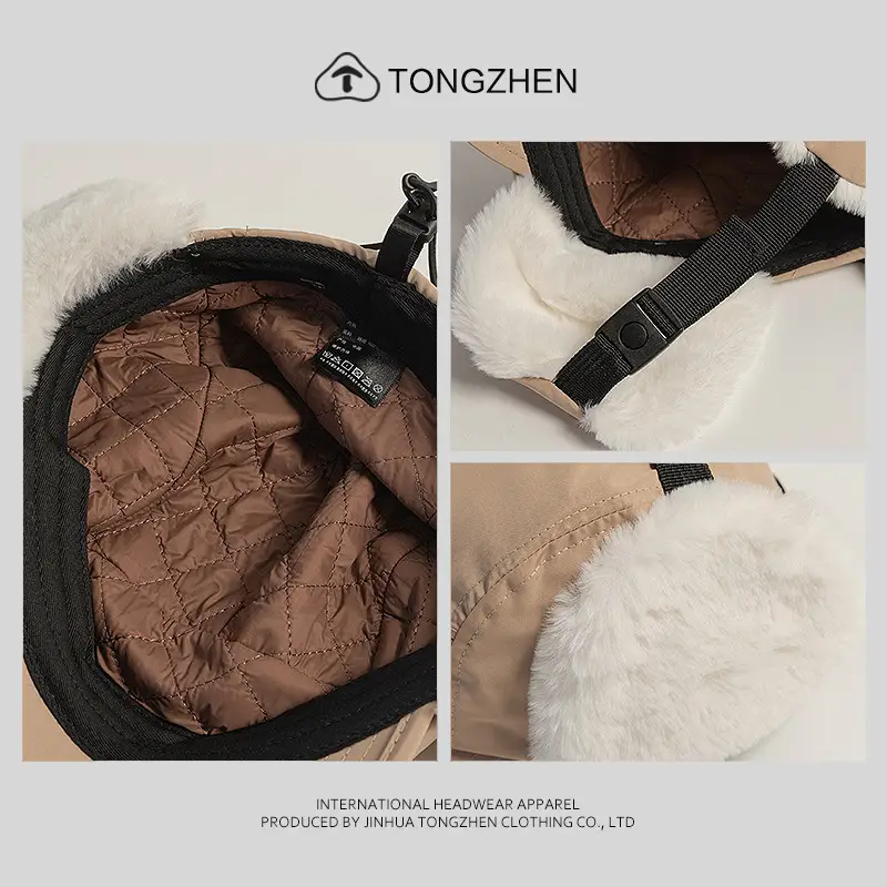 Men's Fleece Lined Ski Hat Beige Black Curved Brim — feature 8
