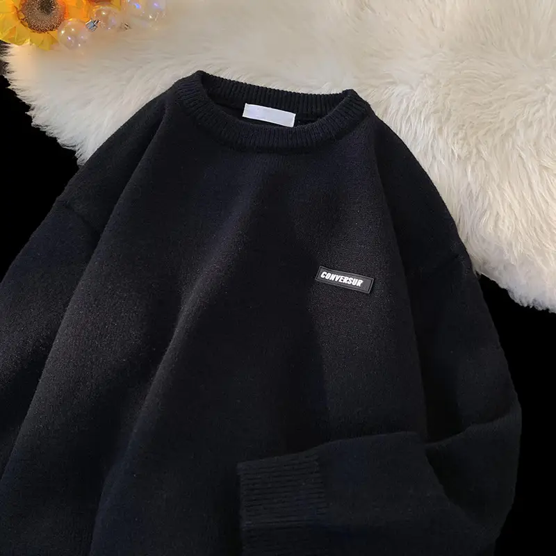 Men's Black Korean Style Crewneck Sweater - Image 3
