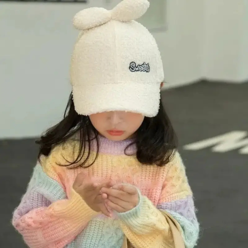 Blue Fleece Lined Peaked Hat for Girls with Bow — feature 13