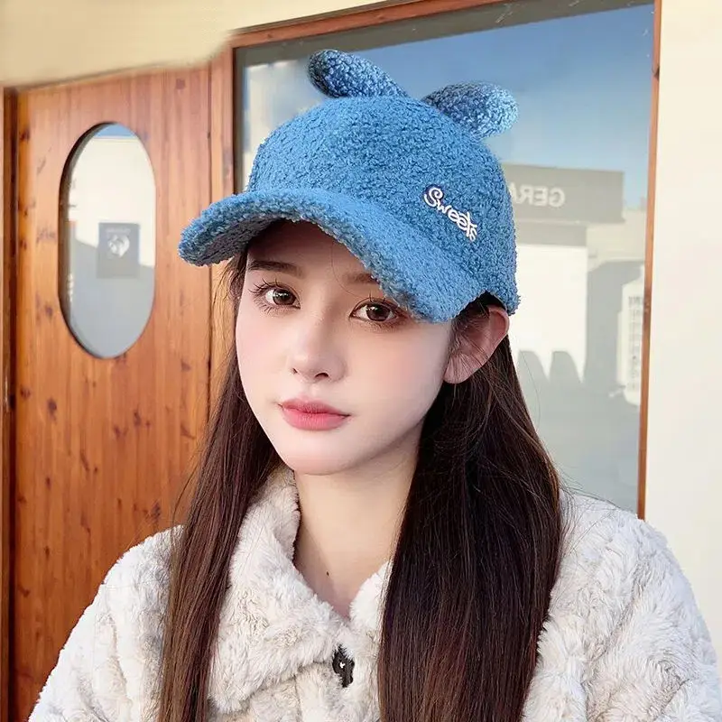 Blue Fleece Lined Peaked Hat for Girls with Bow - Image 3