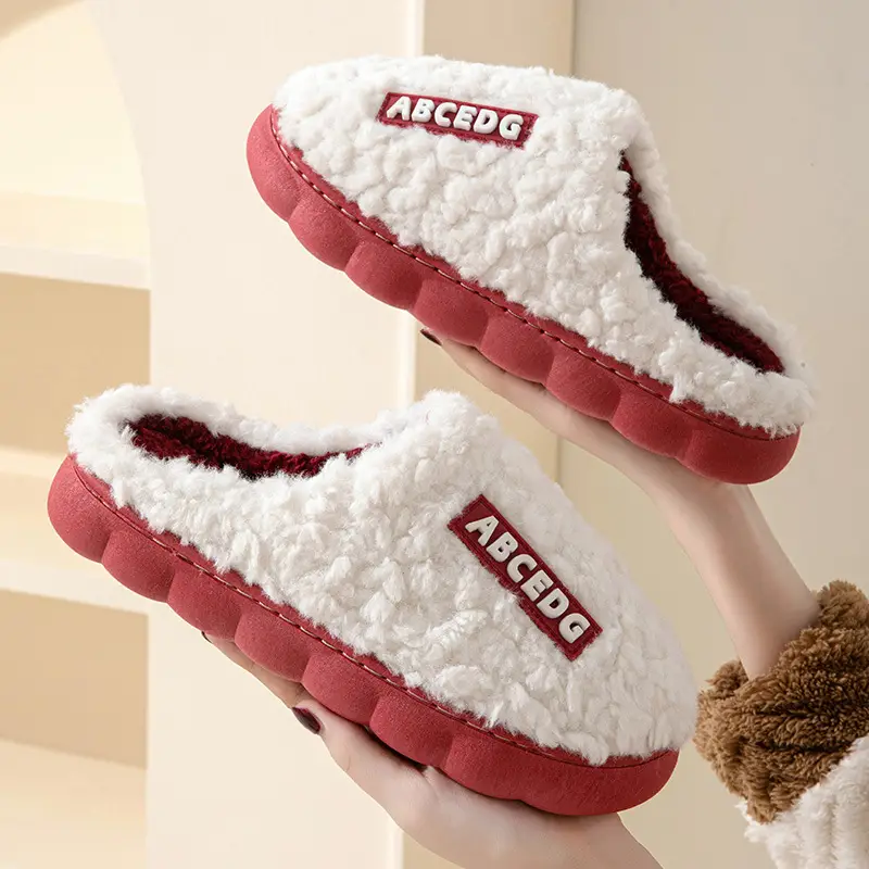 Autumn and Winter cotton slippers winter couple home indoor non-slip warm thick bottom fleece-lined warm wool-like cotton slippers - Image 3