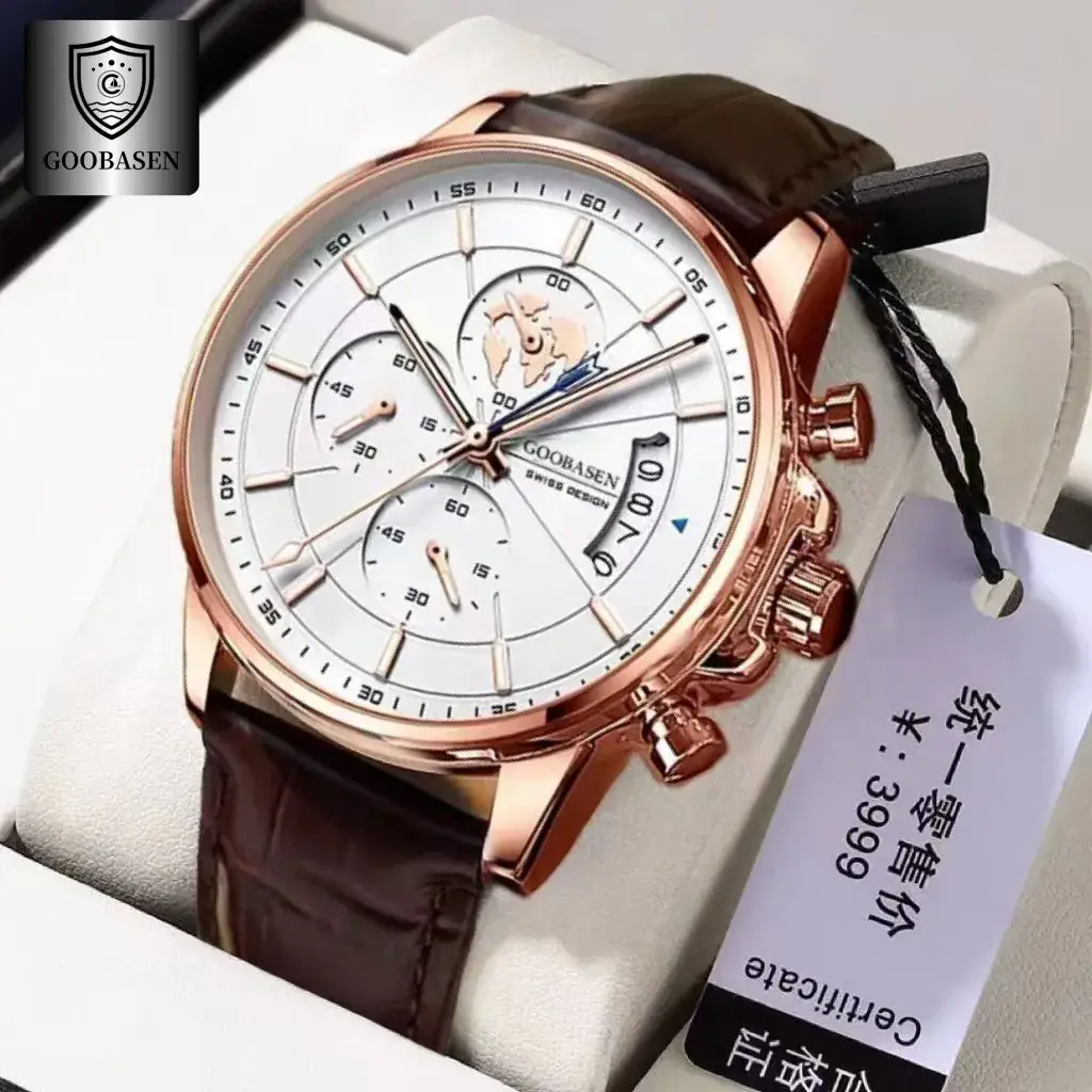 Men's Guberson Quartz Chronograph Watch Black Leather Strap