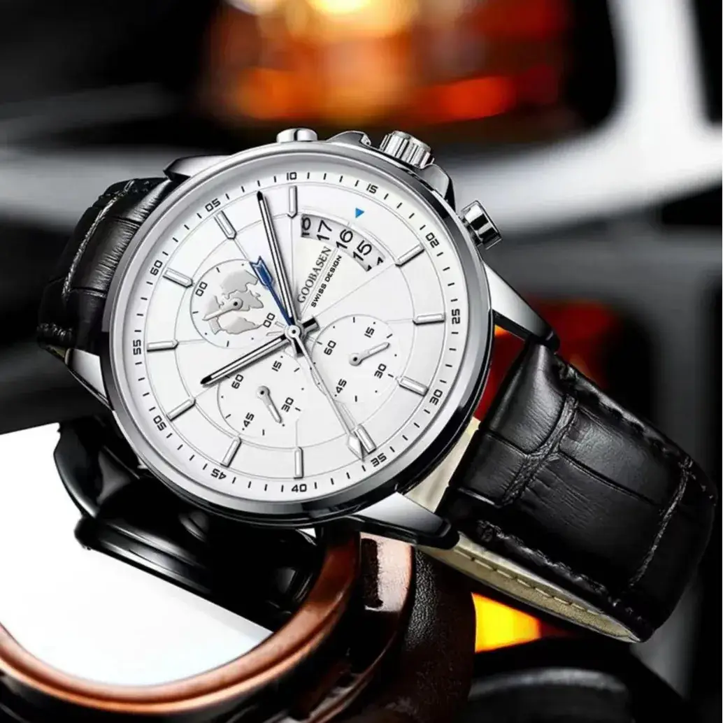 Men's Guberson Quartz Chronograph Watch Black Leather Strap